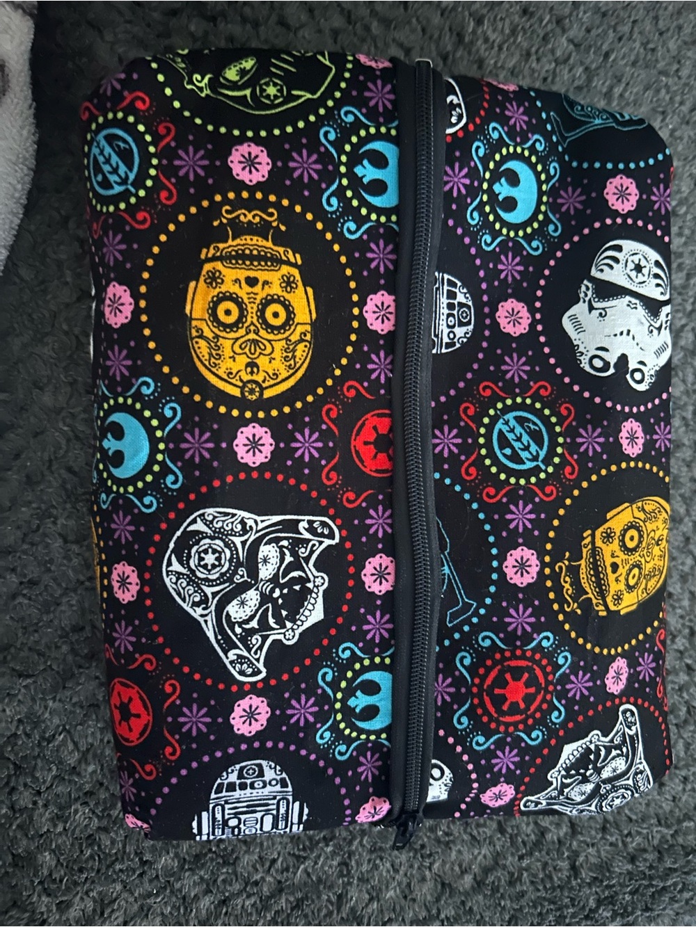 Hand Crafted Black Cosmetic Bag with Multicolor Sugar Skull Star Wars Pattern